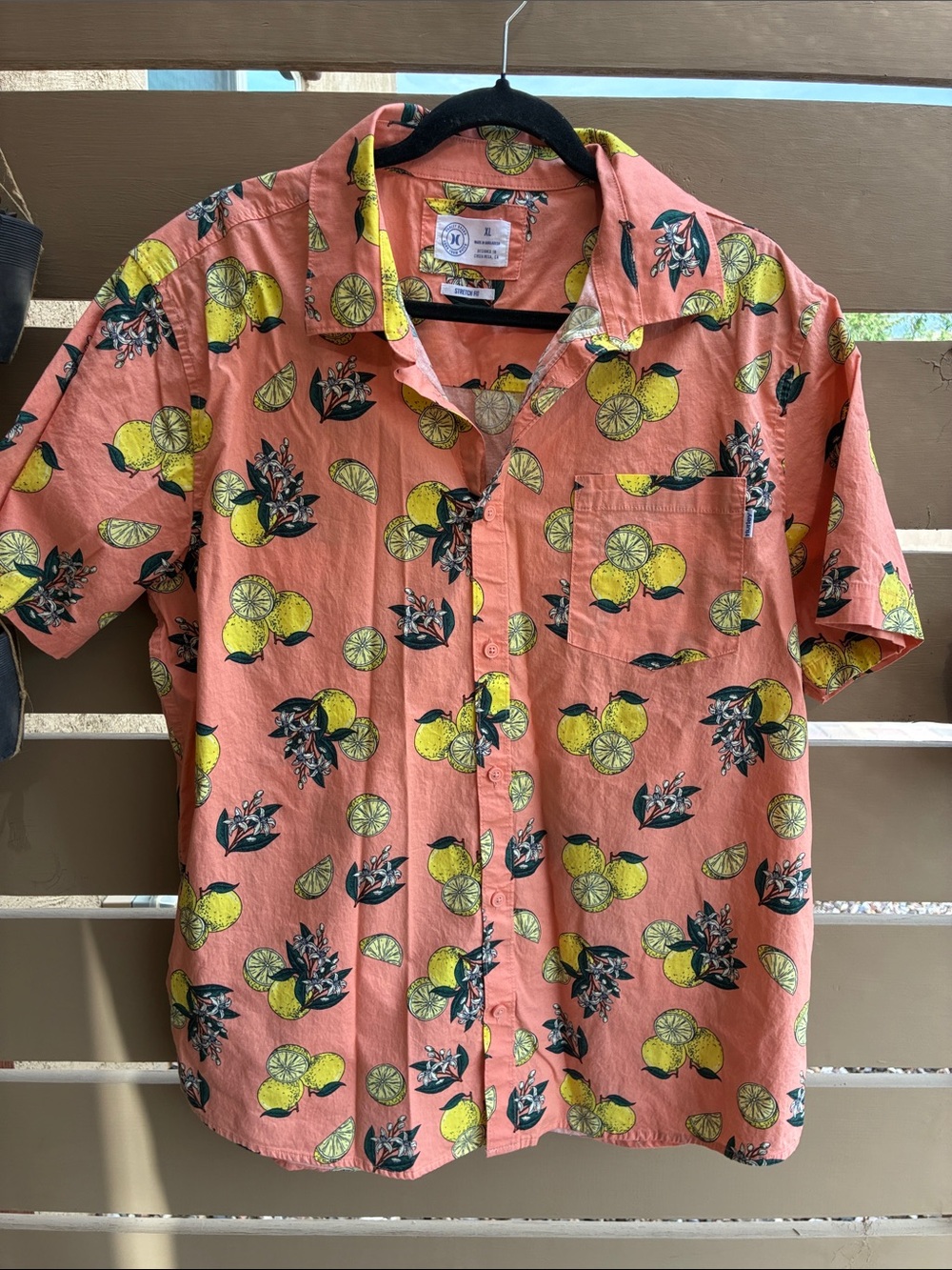 Hurley Coral Short Sleeve Button-Up Shirt with Yellow Lemon Print